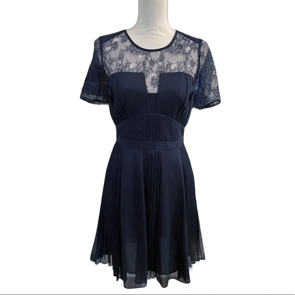 Whistles Navy A Line Pleated Lace Knee Length Dress Modest Special Event